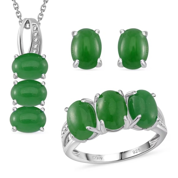 Jewelry - Green Jade 12.50 ctw Earrings, Sz 7 Ring, Necklace-Rhodium 925S Silver-20” Chain